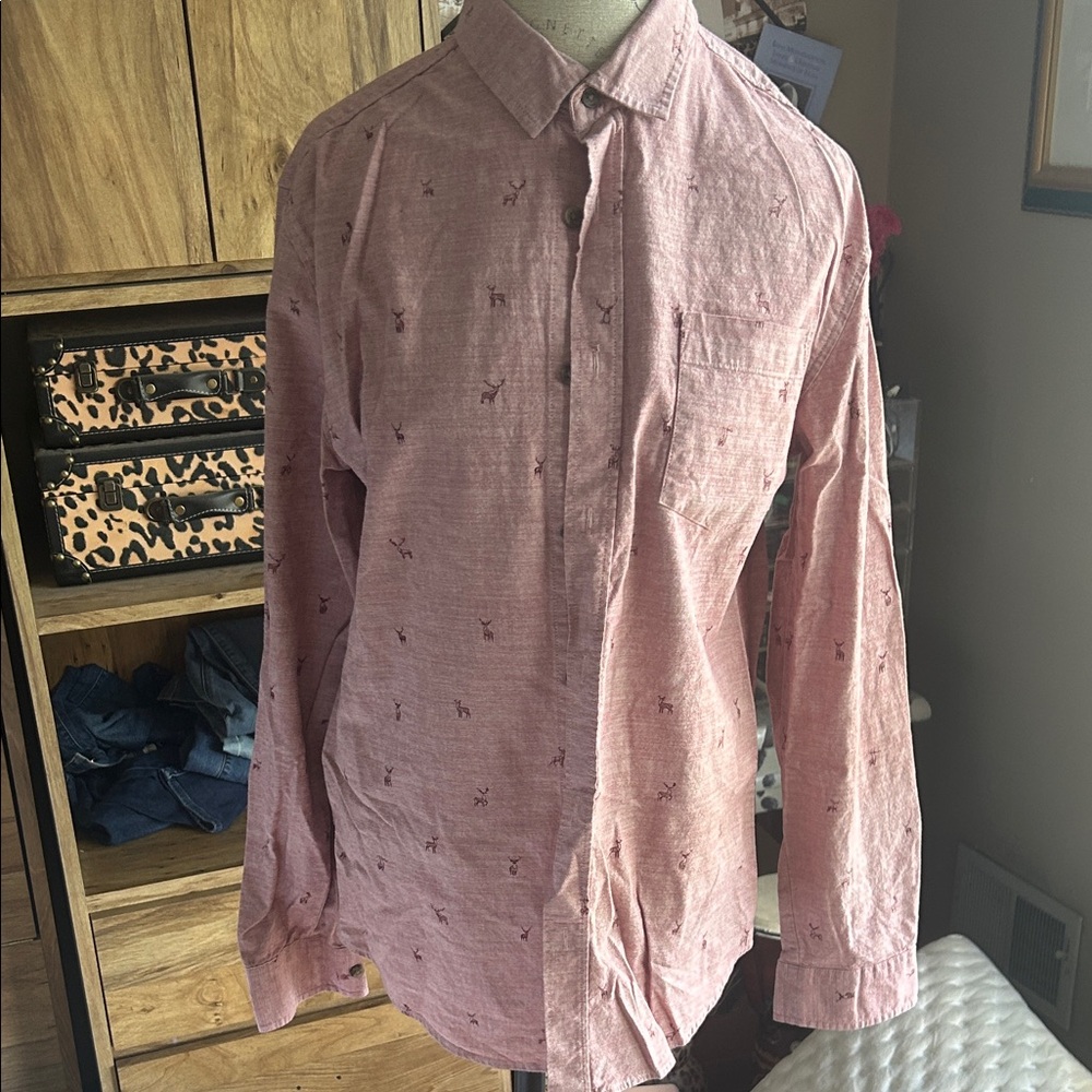 Men's Pink Deer Print Button-Up Shirt - Medium
